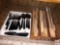 Kitchen - flatware, microwave bacon pan and 3 wooden organizers w/wooden spoons