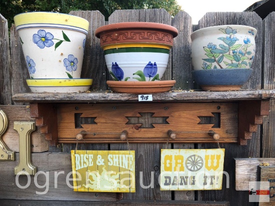 Yard & Garden - wall shelf with 3 planter pots & 2 mini signs