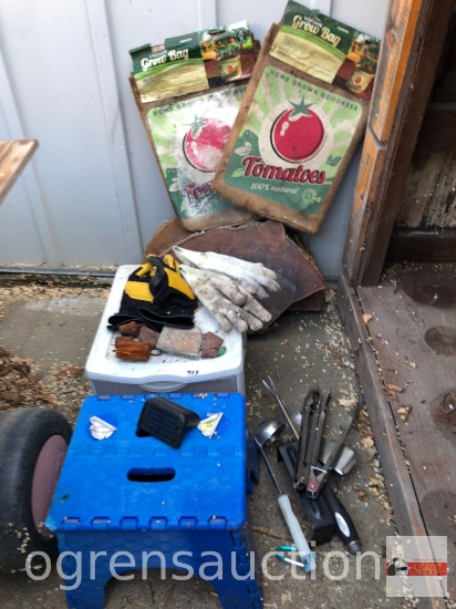 Yard & Garden - Folding step stool, grow bags, wood slabs, misc. tools