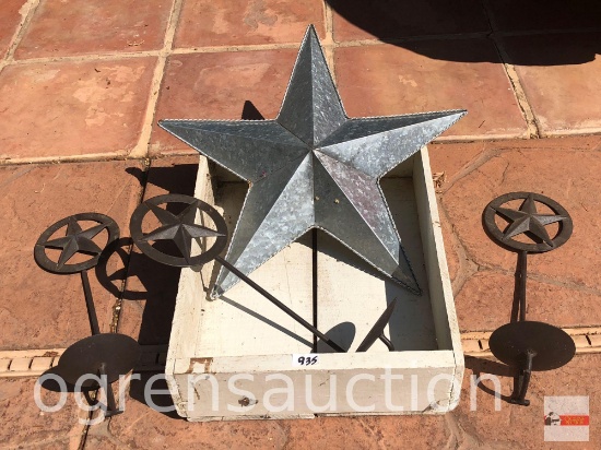 Yard & Garden - Crate box w/3 metal star motif candle holders 14"h & tin wall decor star 16"h