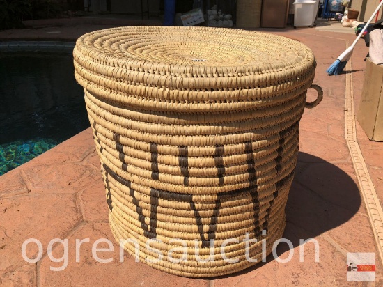 Yard & Garden - Cylindrical woven basket w/lid Indian design motif 18"wx17"h