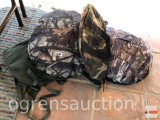 Camouflage pillows, insulated bag and 2 green gear bags