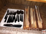 Kitchen - flatware, microwave bacon pan and 3 wooden organizers w/wooden spoons