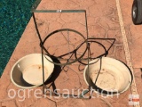 Yard & Garden - 2 granite ware bowls and metal bottle stand