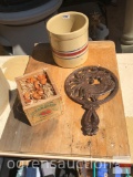 Cast iron Rooster trivet, sm. crock and mini strawberry patch crate