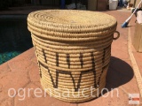Yard & Garden - Cylindrical woven basket w/lid Indian design motif 18