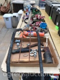 Tools - misc. ratchet tie downs, pitch fork, ax, mallet, caulking gun etc.