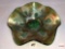 Carnival Glass - Candy dish, green, grape cluster motif, ruffled rim