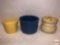 Pottery ware - 3 - Vintage yellow Kraft covered pot, Blue Fenix pot, beige covered stoneware pot