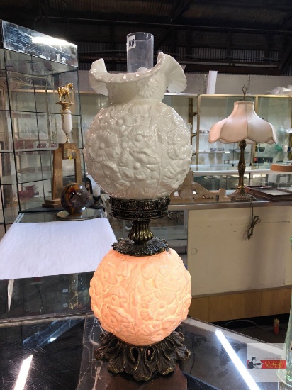 Lamp - Double embossed milk glass shades with glass chimney, metal base, 23.5"h