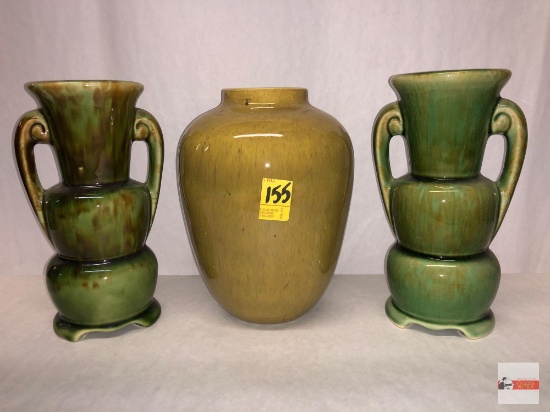 Vases - 3 - 2 green 7.25"h, 1 dark yellow 7"