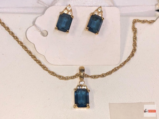 Jewelry - Demi-Parure jewelry set, necklace w/pendant w/matching earrings, blue emerald cut stones