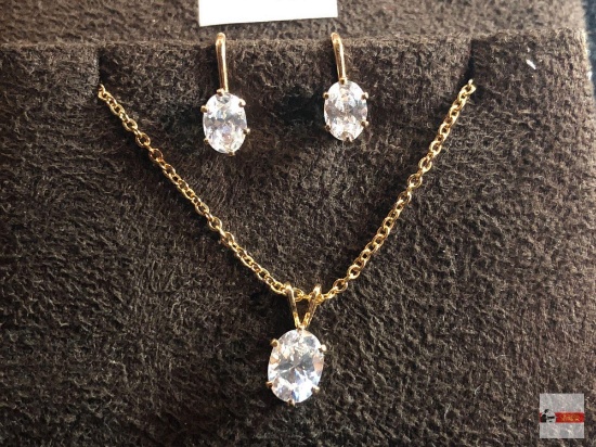 Jewelry - Jewelry - Demi-Parure jewelry set, necklace w/pendant, matching earrings, clear oval cut