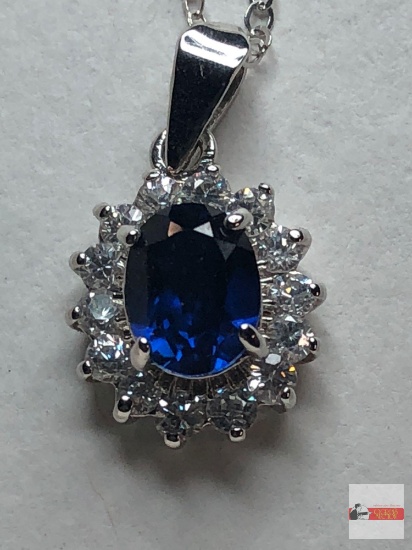 Jewelry - Necklace w/pendant, blue sapphire stone w/small clear stones, marked 925