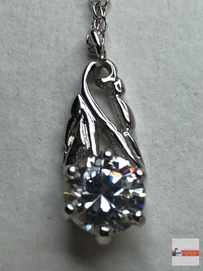 Jewelry - Sterling silver necklace w/pendant, 24" extra wide herringbone chain, clear stone