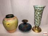Vases - 3 decor accent vases, signed pottery PB, hand crafted ceramics Vietnam, glass trumpet w/meta