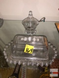 Glassware - 2 - Vintage glass bead rim covered butter dish & covered condiment dish w/Montana spoon