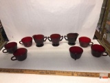 Glassware - Vintage red glass, 12 pcs. 2 creamers, 1 double handled sugar, 6 teacups