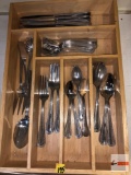 Flatware - Stainless flatware with serving pieces in wooden tray