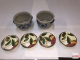 Dish ware - 6 - 4 Pampered Chef hand painted round bowls and 2 pottery crocks