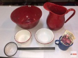 Enamel ware - Large red serving bowl, red pitcher, 2 bowls, blue mug, ladle