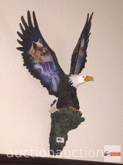 Artwork - Wall sculpture, Eagle with Wolf Painted wings, 8"wx15"dx6.5"d