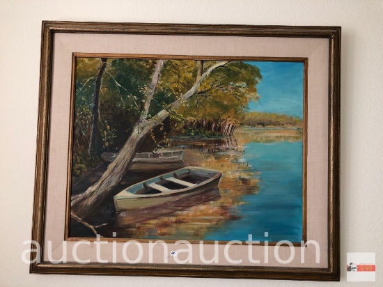 Artwork - Framed & matted, river/rowboat scene, 36"wx30"h