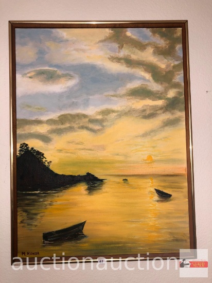 Artwork - Sunset scene by M. Honda, framed, 19"wx25"h