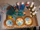Decor - Cartagena Colombia art, fishing, Lighter fluid, batt.op candlesticks