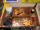 Collectibles - dresser box, vintage double edge razor, belt buckle, jewelry cleaner etc.