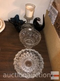 Glassware - Glass serving dishes, blue glass swan, art glass bird, glass candle holder