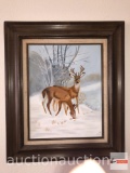 Artwork - Original signed oil on canvas by Gloria Denerik 1979, Winter deer, framed & matted