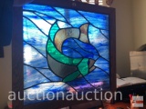 Stained glass window panel, fish motif, wood framed, 21