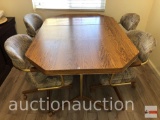 Furniture - Table and 4 chairs, 1 leaf, metal base, formica top, 4 upholstered roller arm chairs