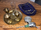 Bar ware - metal round tray w/ 3 metal stemware, bottle pourer and handmade Sweden shot glass