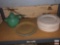 Dish ware - embossed white plates, Splatter ware plates and metal Fiesta tea pot, green