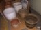 10 terra cotta, pottery, ceramic and wooden planter pots