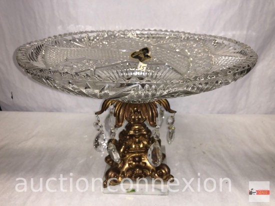 Ornate pedestal decor dish with prisms, Genuine Monarch crystal, made in West Germany on Marble base