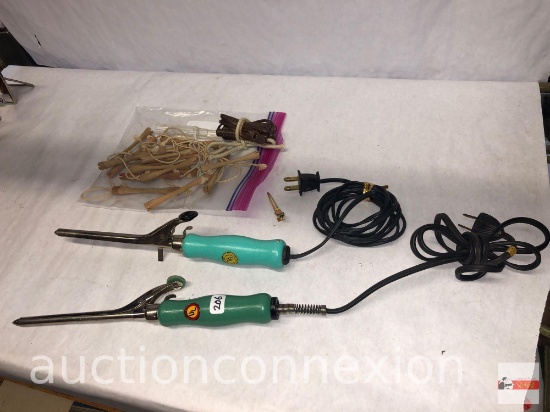 Hair styling - 2 vintage wood handled curling irons, electric and wooden curl rods