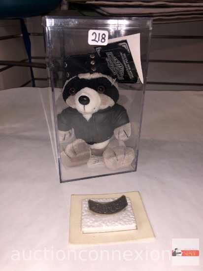 Harley Davidson stuffed animal - 1999 Raccoon "Bubba" in hard plastic display case & 2000 pin