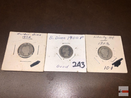 Coins - 3 - 1892 Barber Dime, 1900P Barber Dime, 1902 Liberty Head Dime