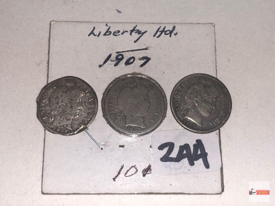 Coins - 3 Barber Dimes, 1904, 1906, 1907