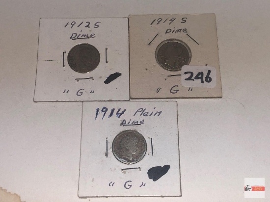 Coins - 3 Barber Dimes, 1914s, 1914 plain, 1925, marked good condition