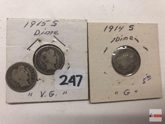 Coins - 3 Barber Dimes, 1914s good, 1915s very good, 1916