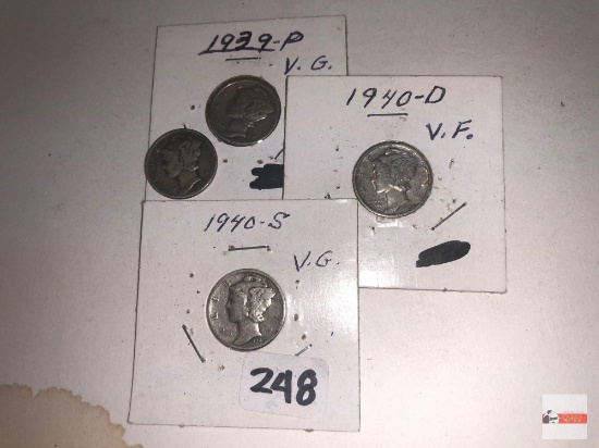 Coins - 4 Mercury Dimes, 1938, 1939, 1940D, 1940s
