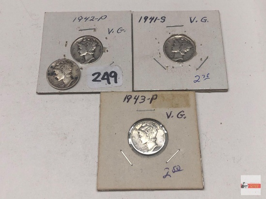 Coins - 4 Mercury Dimes, 1941, 1941s, 1942p, 1943p