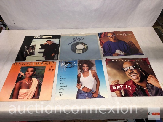 Music - 6 vintage 45's with covers - Whitney, Ebony & Ivory, REO Speedwagon, Stevie Wonder & Michael