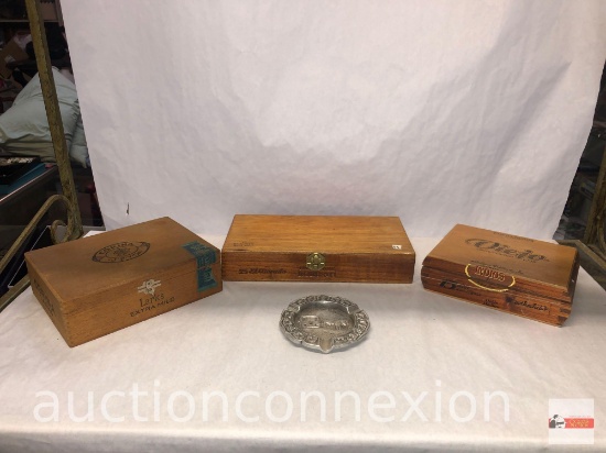 3 cigar boxes and metal ashtray relief design