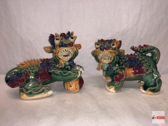 Pair of Chinese Wucai porcelain Feng Shui Evil Kirin Kylin Foo Dog Lion figurines