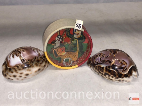2 carved top sea shells and vintage toy made in occupied Japan